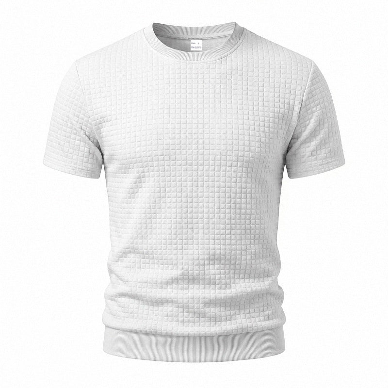 Men's short-sleeved knit shirt with embossed check structure, round neckline, and ribbed hem StylebySassy