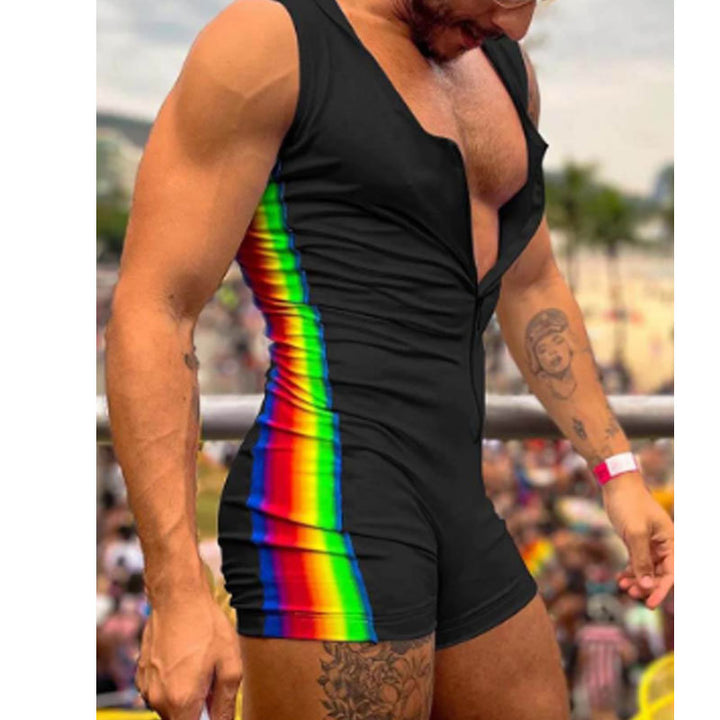 Men's sleeveless hooded short jumpsuit with full zip and ergonomic crotch solution StylebySassy