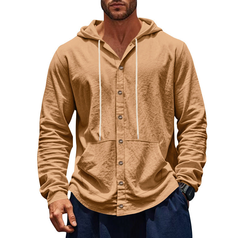 Men's button-closed hooded shirt jacket made of lightweight cotton blend with kangaroo pocket StylebySassy