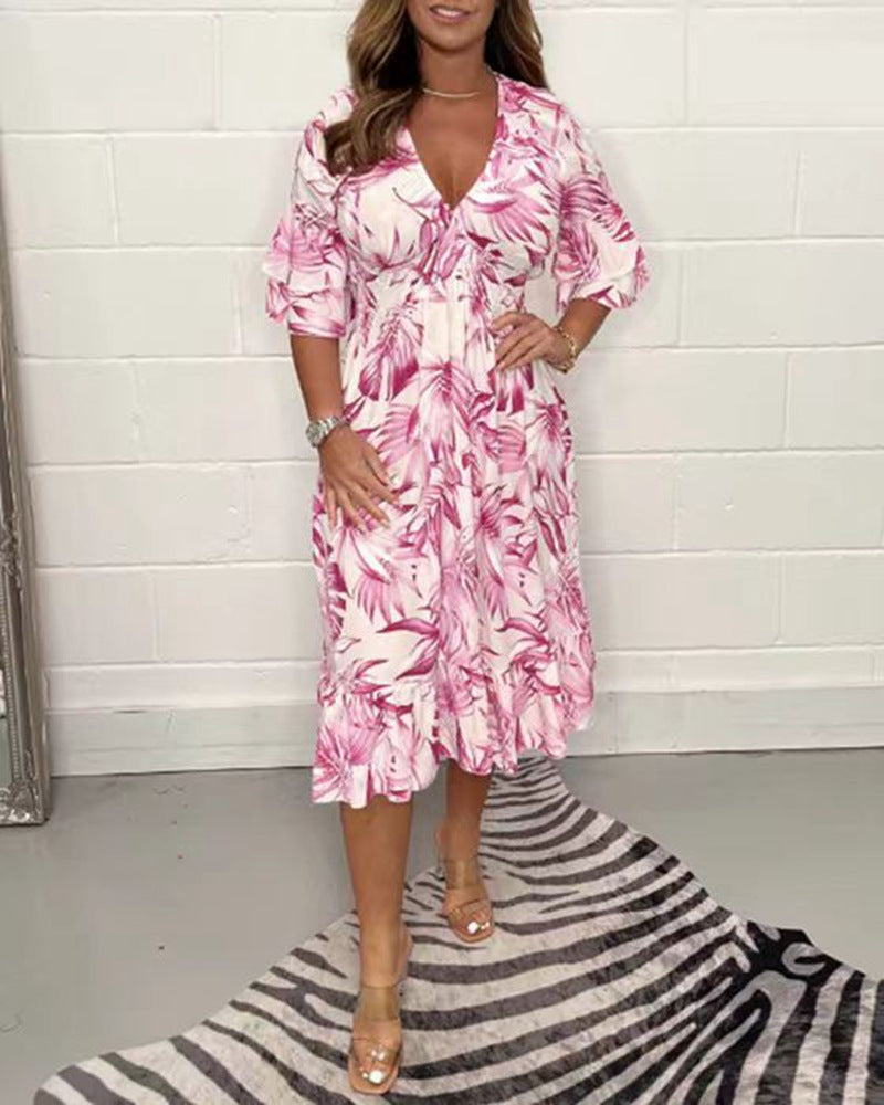 Women nan midi dress with leaf print, V-neck, gathered empire waist and ruffled tiers StylebySassy