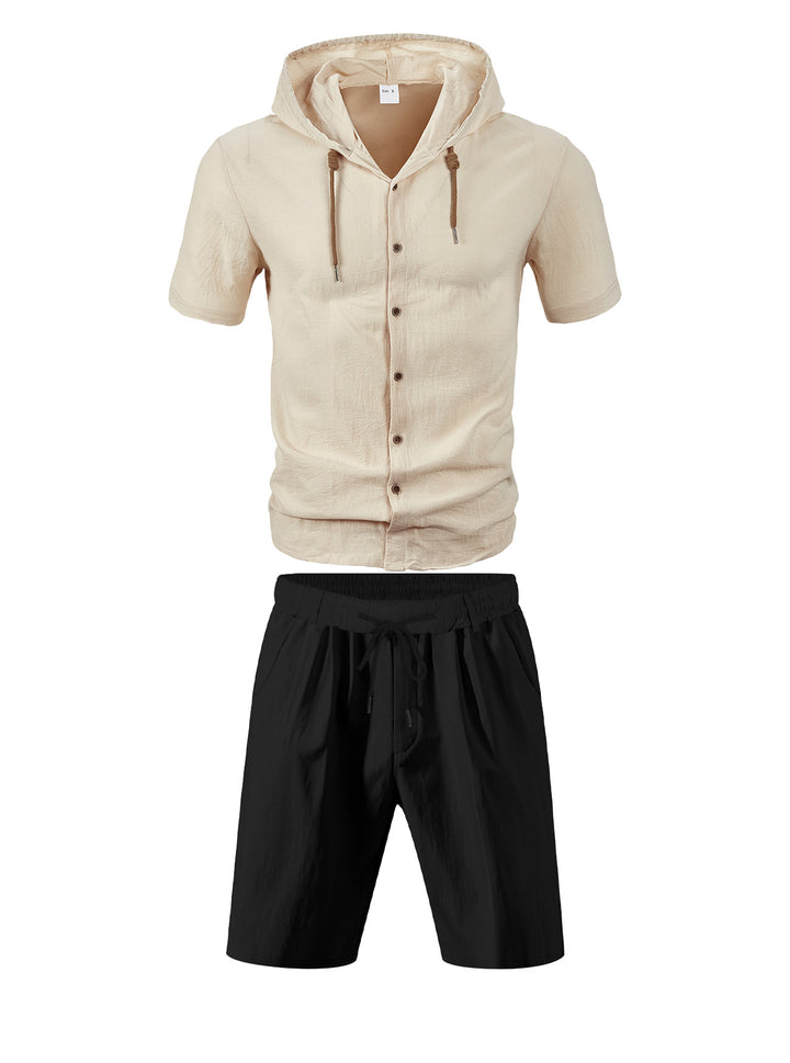 Men's lightweight summer hoodie in linen look with continuous button placket and drawstring StylebySassy