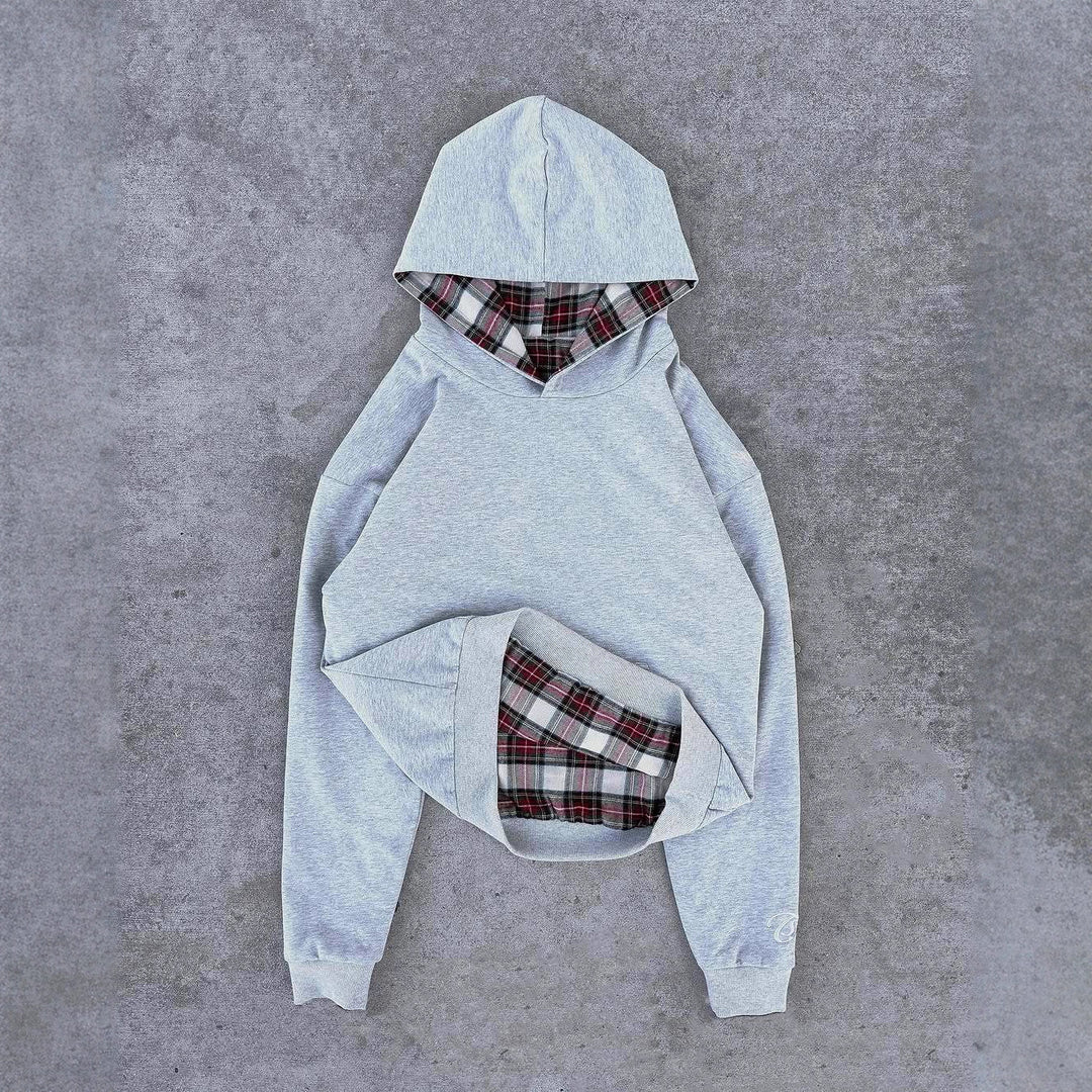 Ladies short-cut hoodie with checkered flannel lining and kangaroo pocket StylebySassy