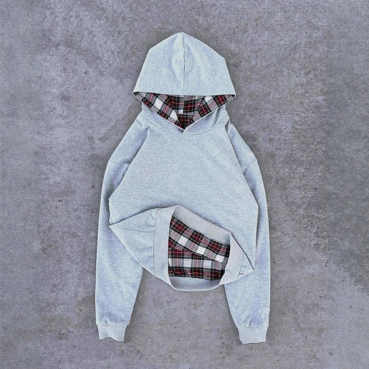 Ladies short-cut hoodie with checkered flannel lining and kangaroo pocket StylebySassy