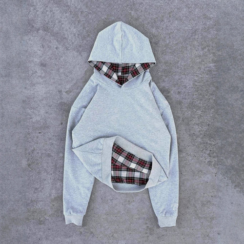 Ladies short-cut hoodie with checkered flannel lining and kangaroo pocket StylebySassy