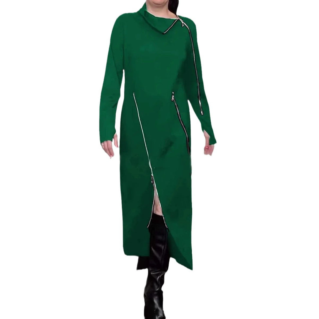 Women's Long Knit Dress with Asymmetric Metal Zippers and Front Slit StylebySassy