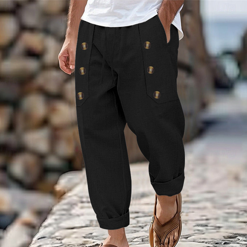Men's loose linen trousers with decorative button stripes, rolled ankle cuffs, and side pockets StylebySassy