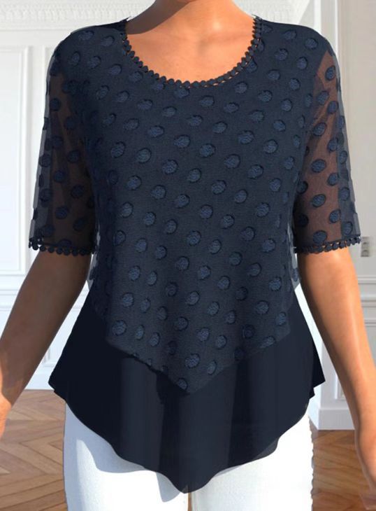 Women's elegant layered blouse with transparent tulle overlay, polka dot structure and asymmetrical pointed hem StylebySassy