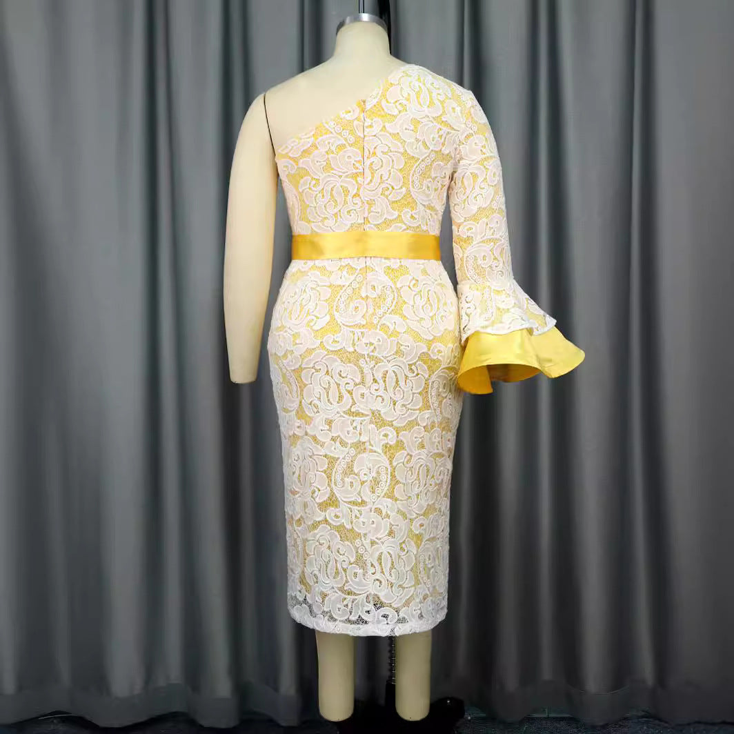 Women's lace dress with asymmetric cut and elegant flounce sleeves StylebySassy