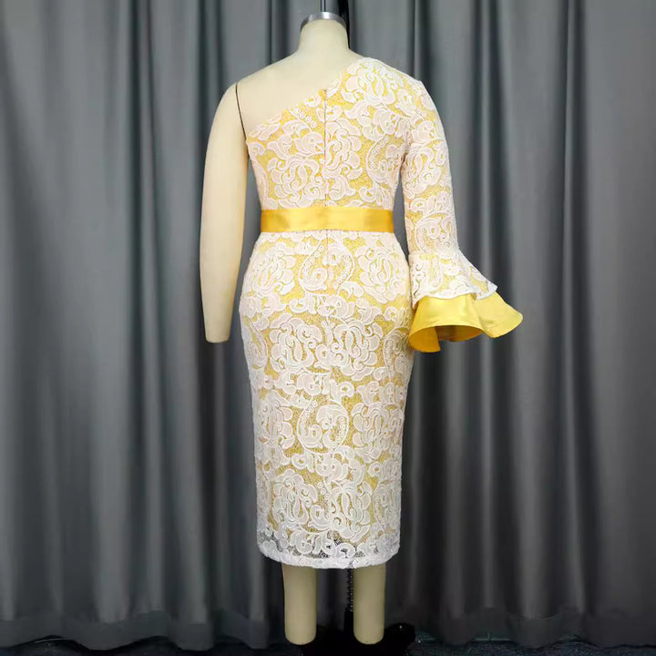 Women's lace dress with asymmetric cut and elegant flounce sleeves StylebySassy