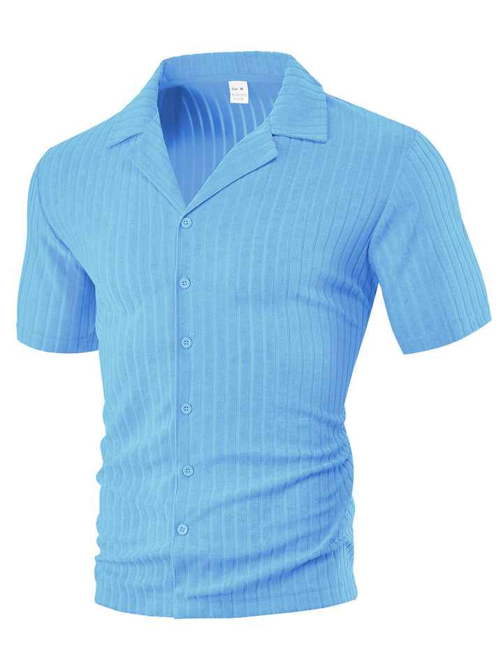 Men's fine ribbed short-sleeve knitted shirt with notch collar and full-button placket StylebySassy
