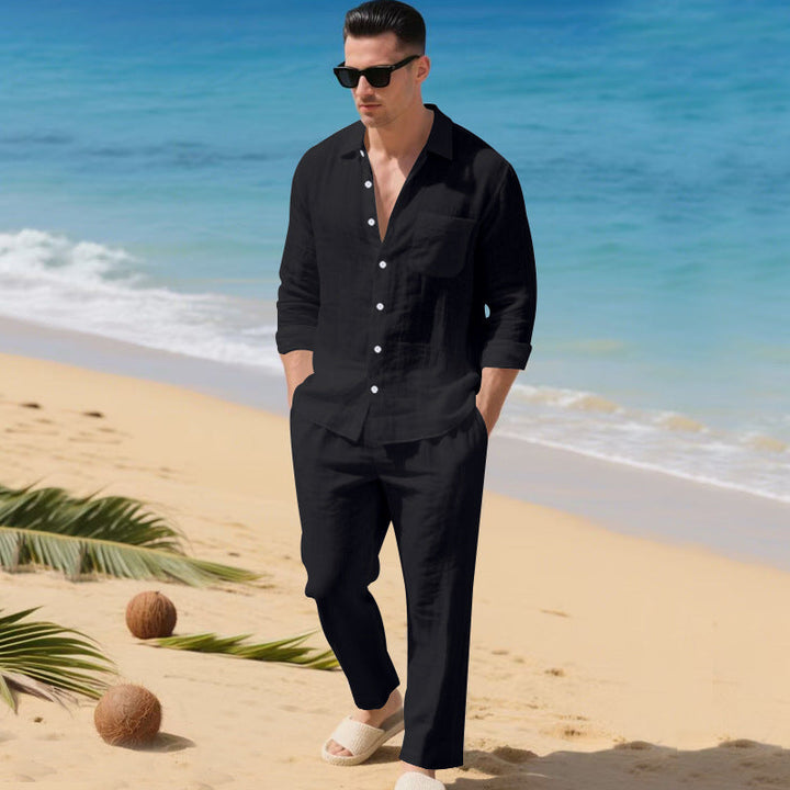 Men's lightweight linen outfit with stylish shirt and elegant pants StylebySassy