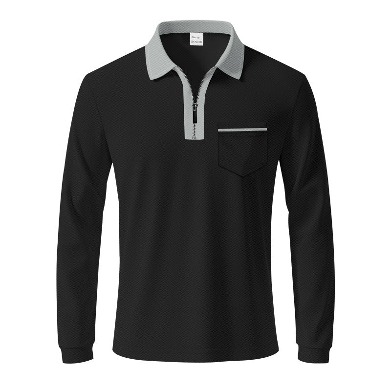 Men's long-sleeved polo with half zip, patch chest pocket, and fine structure jersey quality StylebySassy