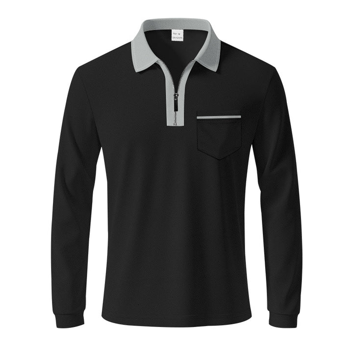 Men's long-sleeved polo with half zip, patch chest pocket, and fine structure jersey quality StylebySassy