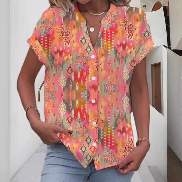 Women's casual short-sleeve blouse with V-neck, button placket and folk all-over print StylebySassy