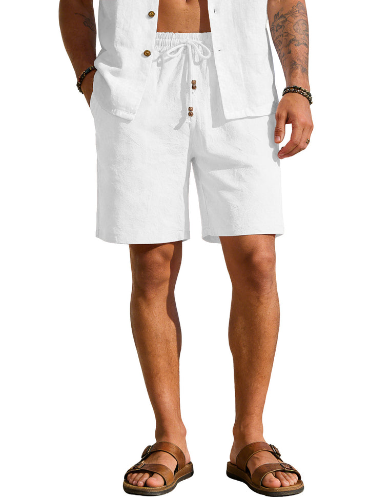 Men's lightweight beach Bermuda shorts made of linen blend with elastic waistband, drawstring and decorative button placket StylebySassy