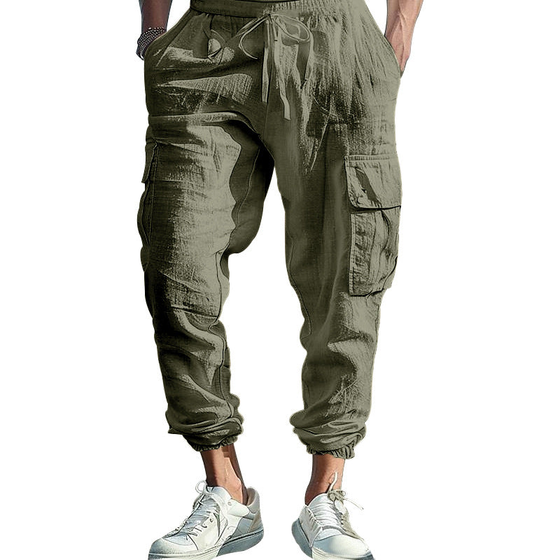 Men's Casual Linen Cargo Joggers with Drawstring Waist, Large Flap Pockets and Elastic Ankle Cuffs StylebySassy