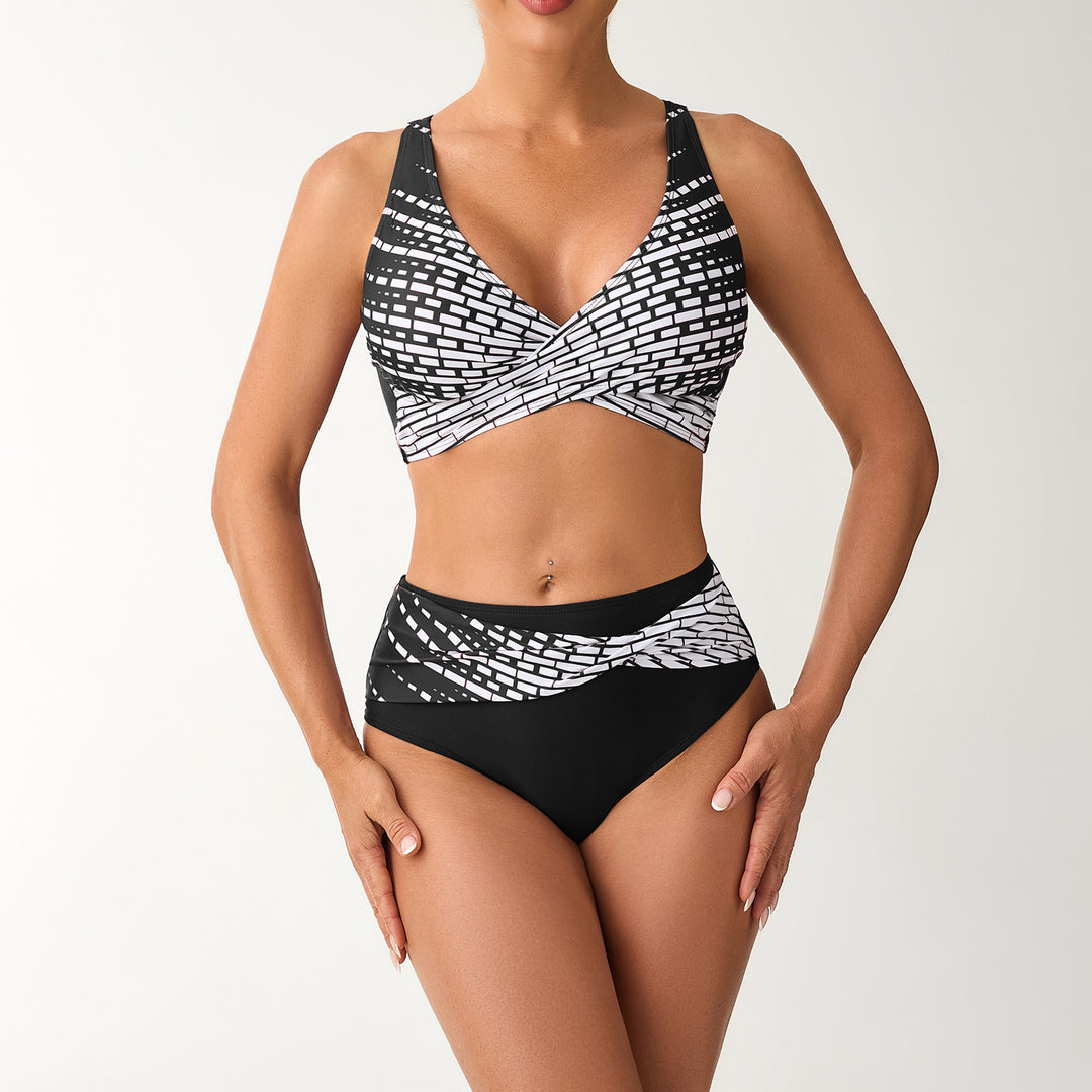 Women's High-Waisted Bikini Set with Laced Top and Graphic Accents StylebySassy