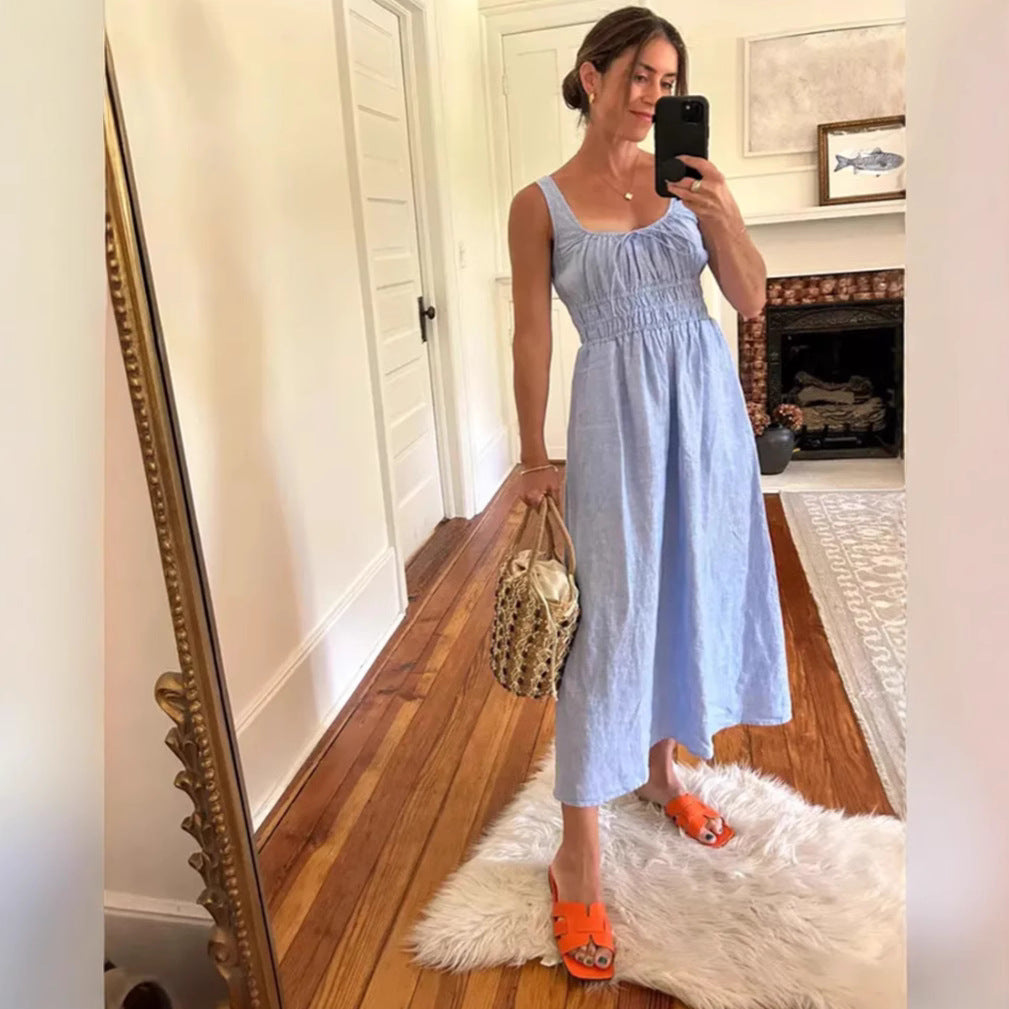 Women's knee-length linen look dress with smocked bodice, elastic waistband and wide straps StylebySassy