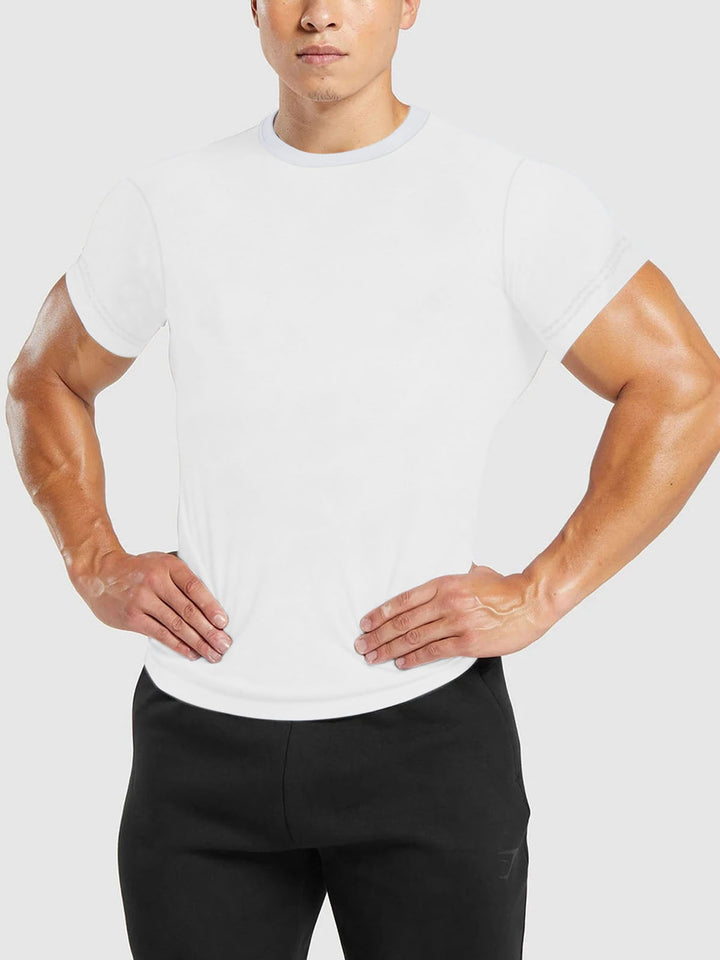 Men's slim fit round neck performance shirt with elastic side wedge and flat seams StylebySassy