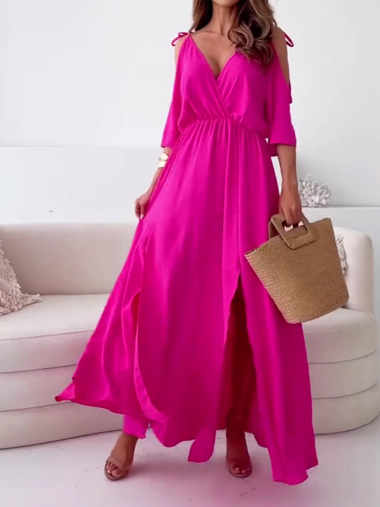Women nan flowing maxi dress with V drape, off-shoulder strap band, elastic waist yoke and high skirt slit StylebySassy