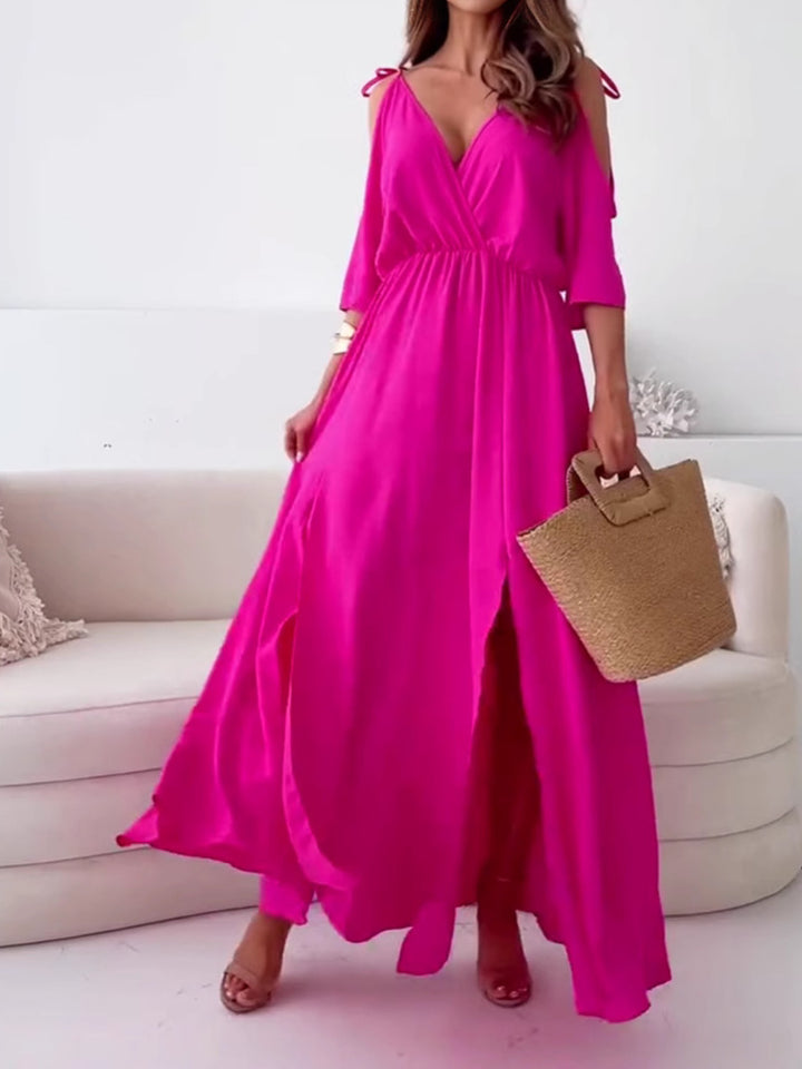 Women nan flowing maxi dress with V drape, off-shoulder strap band, elastic waist yoke and high skirt slit StylebySassy
