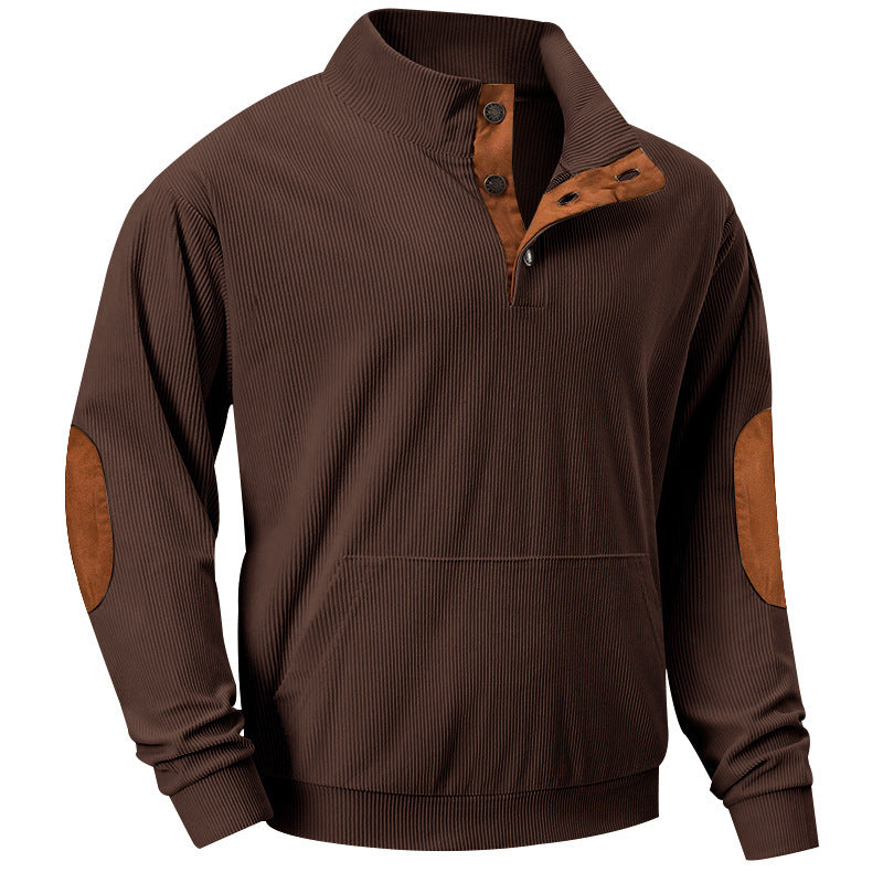 Men's knitted stand-up collar sweatshirt with button placket, kangaroo pocket and velvet elbow patches StylebySassy