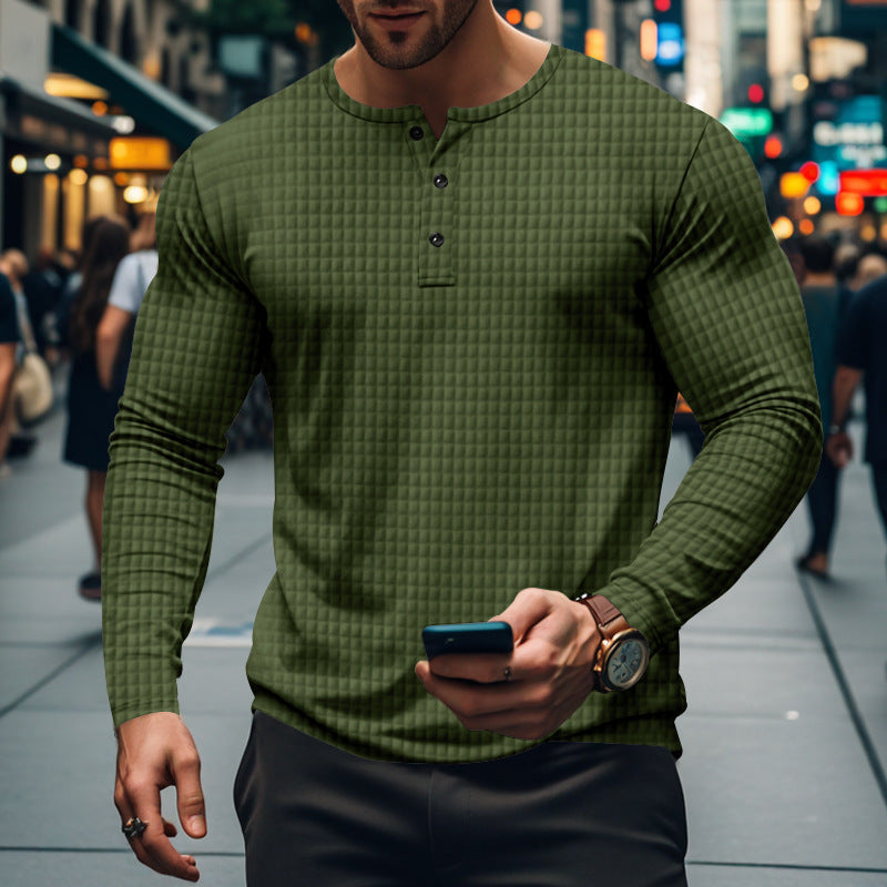 Men's fitted long-sleeve shirt with round neck button placket and waffle structure StylebySassy