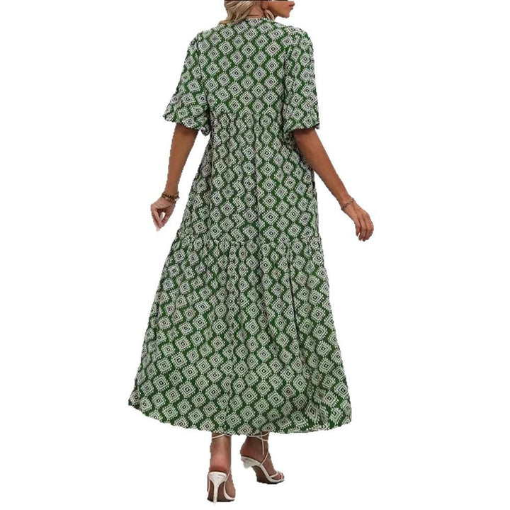 Women’s airy maxi dress with geometric ethnic print, gathered tiered skirt and keyhole neckline StylebySassy
