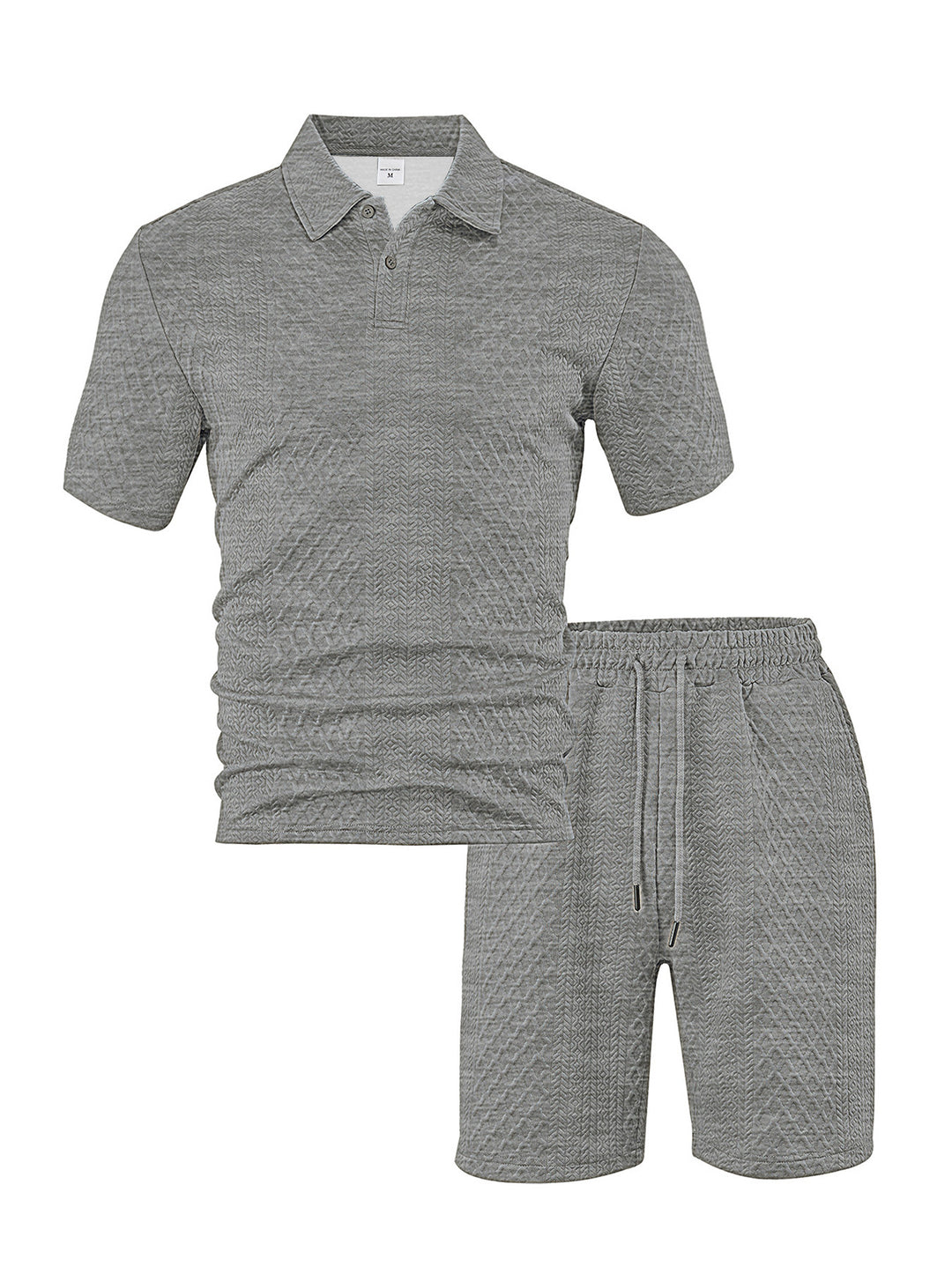 Men's elegant leisure two-piece made of textured knit with polo collar short-sleeve shirt and drawstring Bermuda StylebySassy