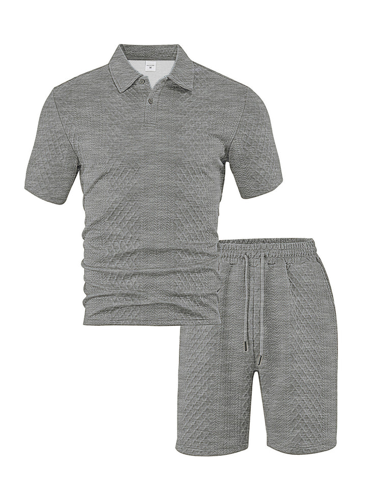 Men's elegant leisure two-piece made of textured knit with polo collar short-sleeve shirt and drawstring Bermuda StylebySassy