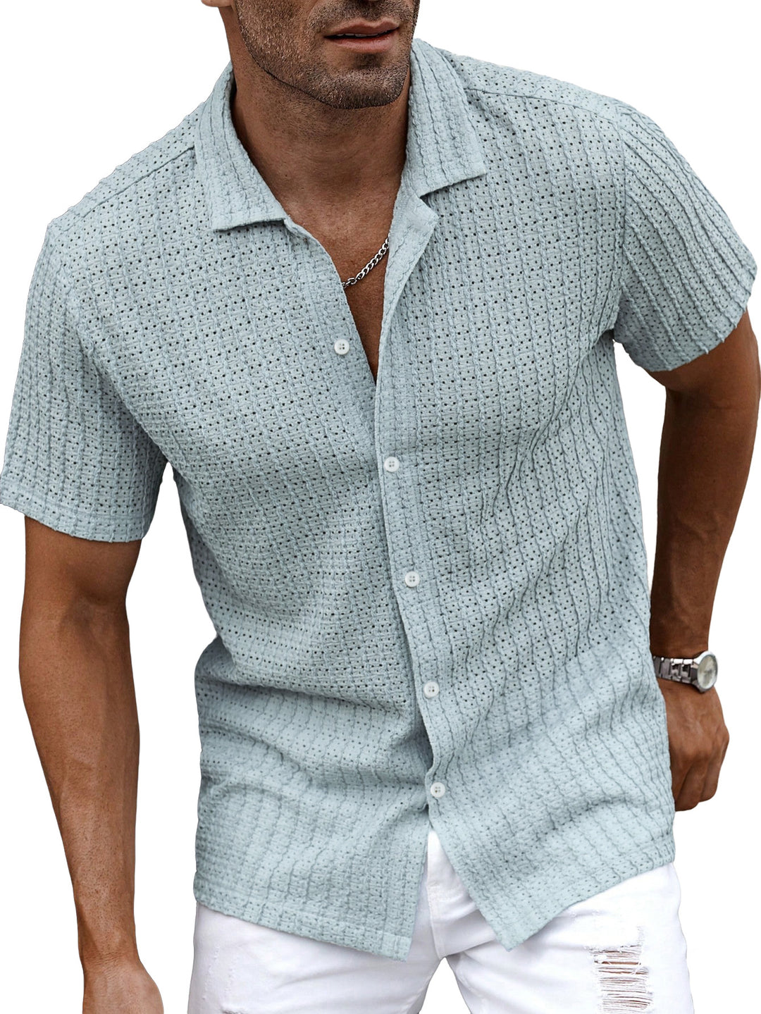 Men's airy short-sleeve ajour shirt with shawl collar and continuous button placket StylebySassy