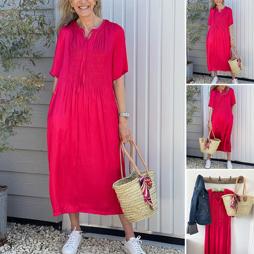 Women's casual midi dress with gathered bust panel, delicate slip collar, tie belt, and side pockets StylebySassy