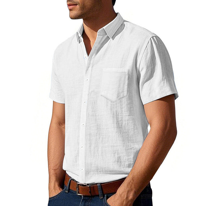 Men's short-sleeved cotton-linen casual shirt with Kent collar, chest pocket, and continuous button placket StylebySassy