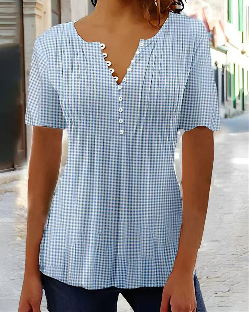 Ladies' lightweight checked blouse with V-neck, decorative button placket and tiered ruffle StylebySassy