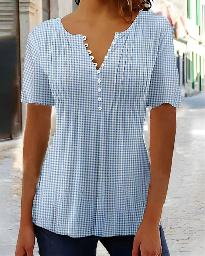 Ladies' lightweight checked blouse with V-neck, decorative button placket and tiered ruffle StylebySassy