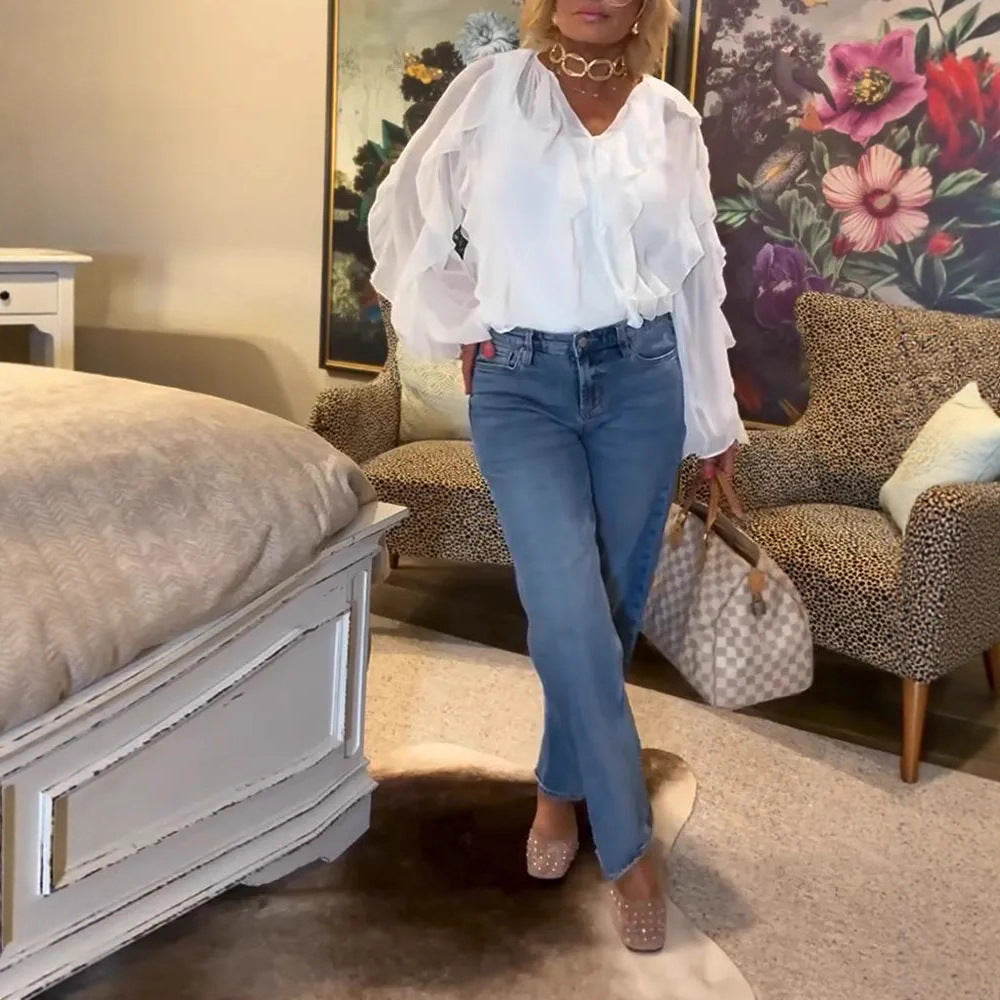 Women's semi-transparent layered ruffle blouse made of chiffon with balloon sleeves and hidden button placket StylebySassy