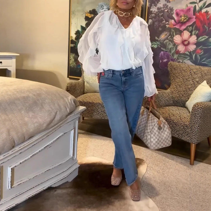 Women's semi-transparent layered ruffle blouse made of chiffon with balloon sleeves and hidden button placket StylebySassy