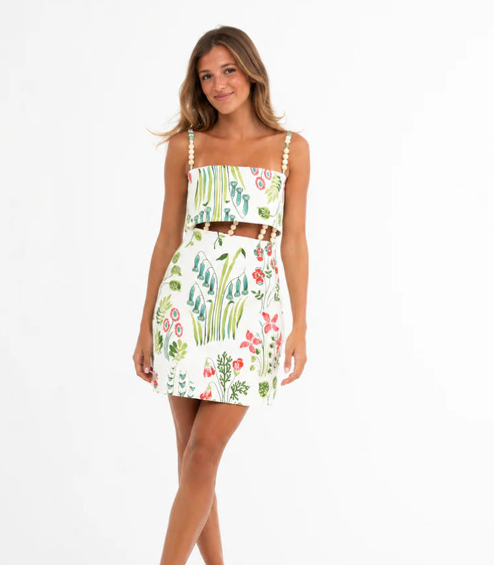 Women's two-piece summer set with pearl straps bandeau top and fitted mini skirt with waist cutout StylebySassy