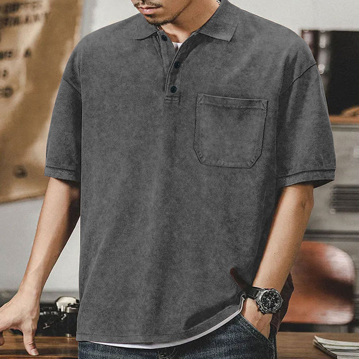 Men's loosely cut cotton polo shirt with a patch chest pocket and short button placket StylebySassy