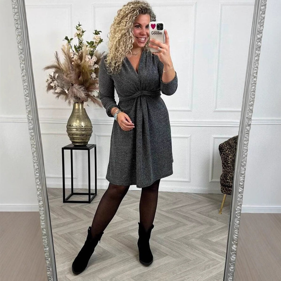 Women's knee-length V-neck dress with gathered waistband made of lightweight glossy knit StylebySassy