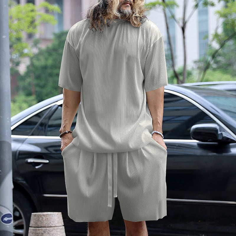 Men's modern ribbed leisure set with wide short-sleeve shirt and elastic drawstring pants StylebySassy