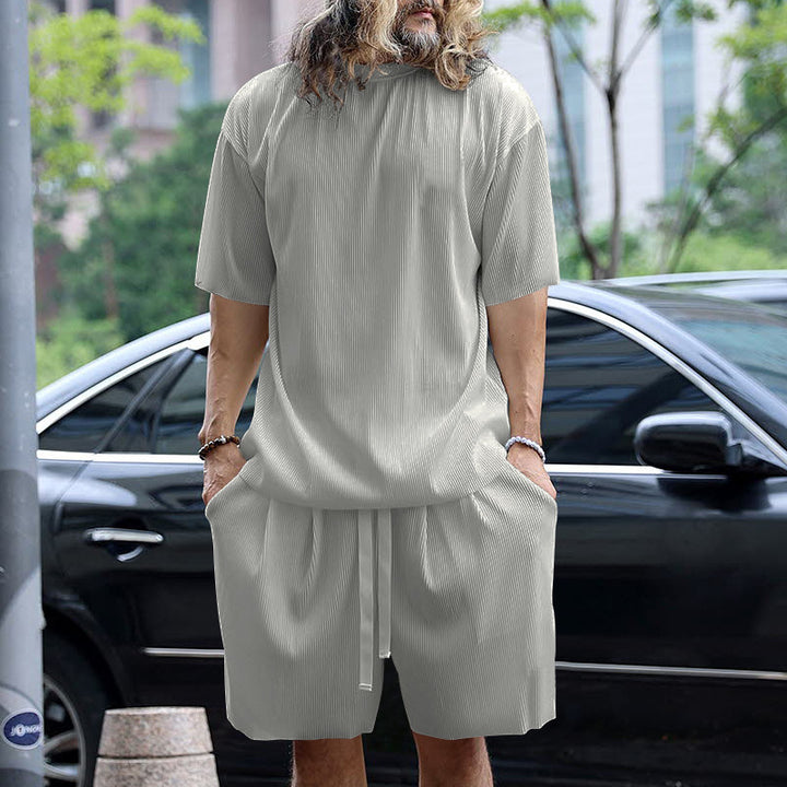 Men's modern ribbed leisure set with wide short-sleeve shirt and elastic drawstring pants StylebySassy