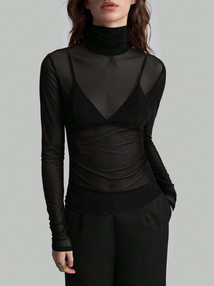 Women's Transparent Turtleneck Blouse with Body-Shaping Cut StylebySassy