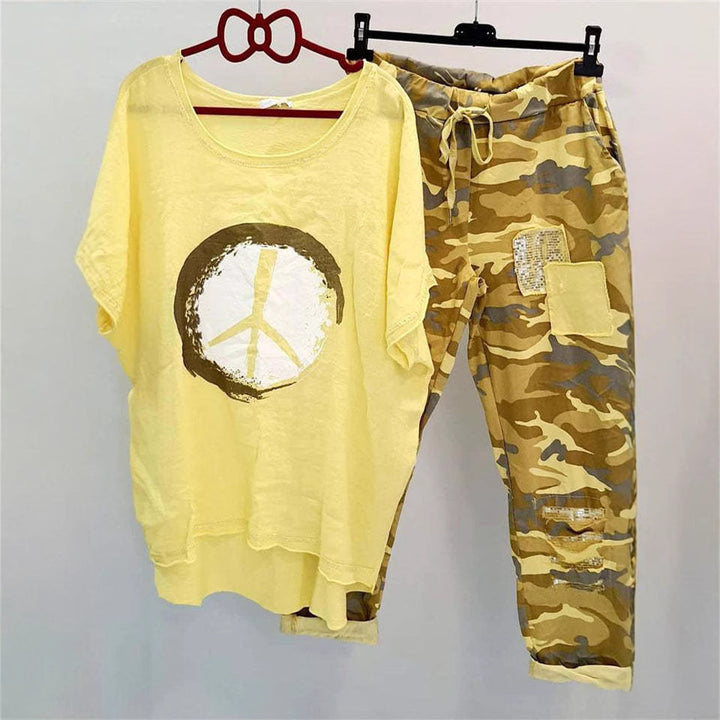 Women’s casual leisure two-piece with wide-cut linen look shirt, peace symbol and camouflage jog pants with patch details StylebySassy