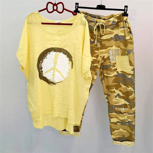 Women’s casual leisure two-piece with wide-cut linen look shirt, peace symbol and camouflage jog pants with patch details StylebySassy