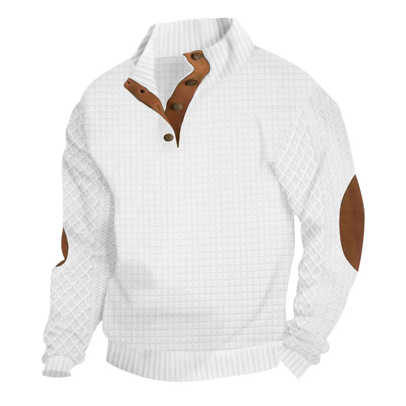 Men's Half-button Stand-up Collar Sweater with Honeycomb Structure and Leather Details StylebySassy
