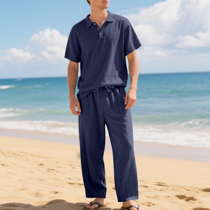 Men's airy linen ensemble with polo collar and adjustable waistband pants StylebySassy