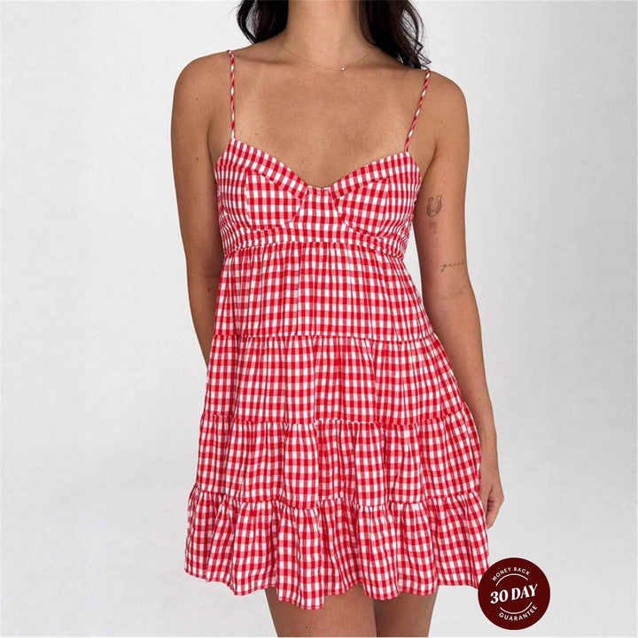 Women's airy checkered strap dress with heart-shaped neckline and tiered ruffle skirt StylebySassy