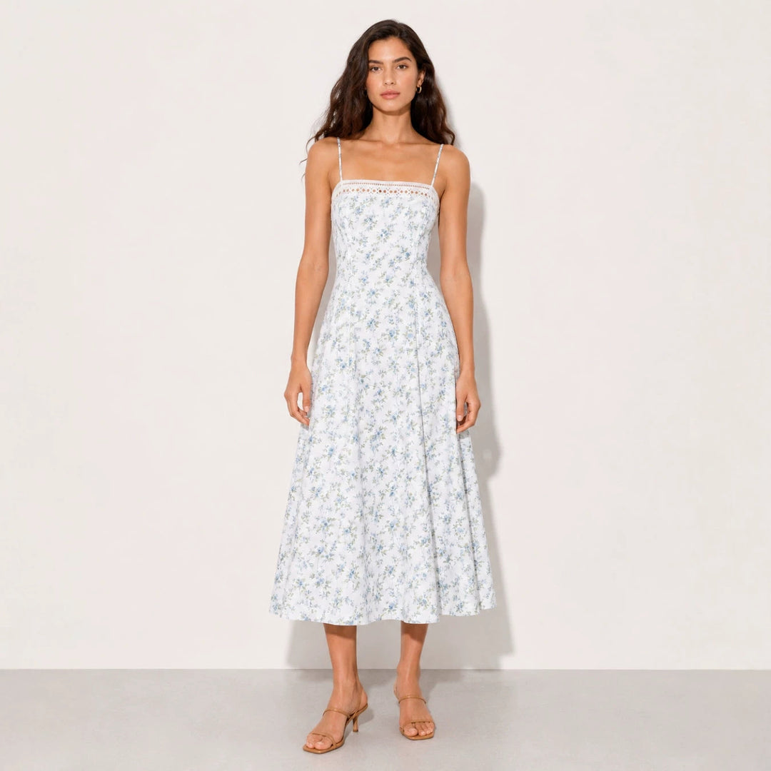 Women's Vintage-inspired Midi Dress with Slim Spaghetti Straps, Lace Insert and Flared Skirt StylebySassy