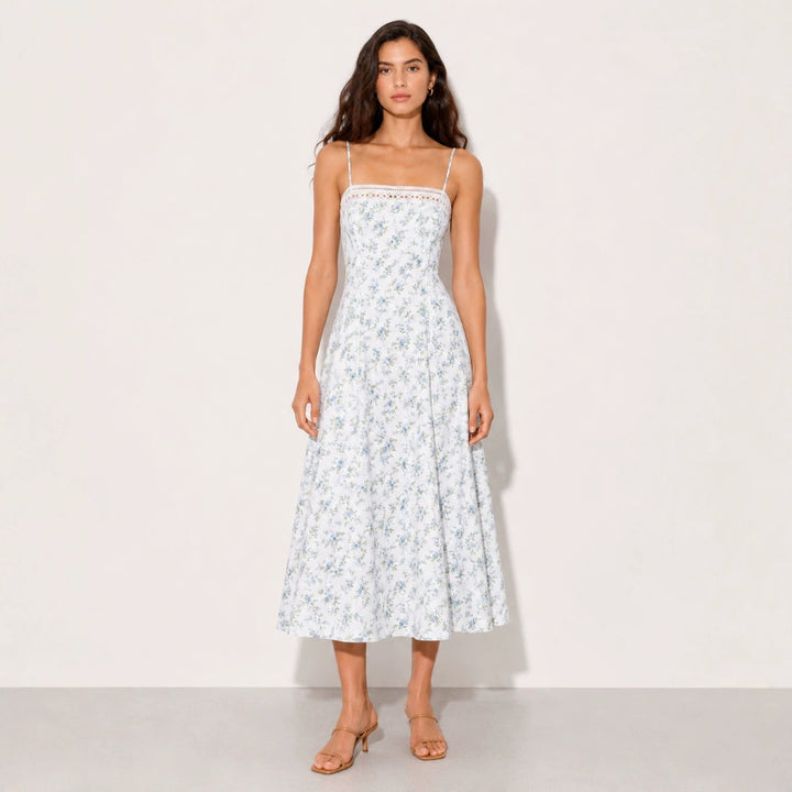 Women's Vintage-inspired Midi Dress with Slim Spaghetti Straps, Lace Insert and Flared Skirt StylebySassy